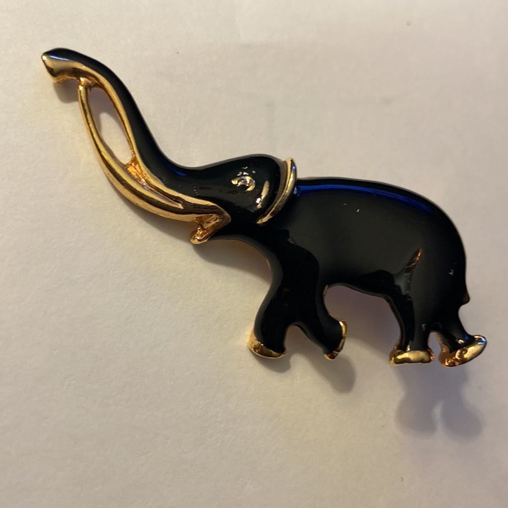Black Enamel & Gold Whimsical Elephant Pin Brooch